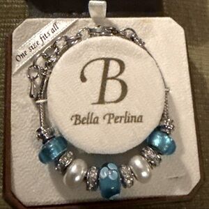 Bella Perlina Charm Bracelet Aqua/White Beads w/Silver Rhinestones NWT Vintage